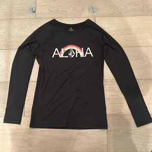Volcom Aloha women’s rashguard, long sleeve, Aloha screen print pastel rainbow.